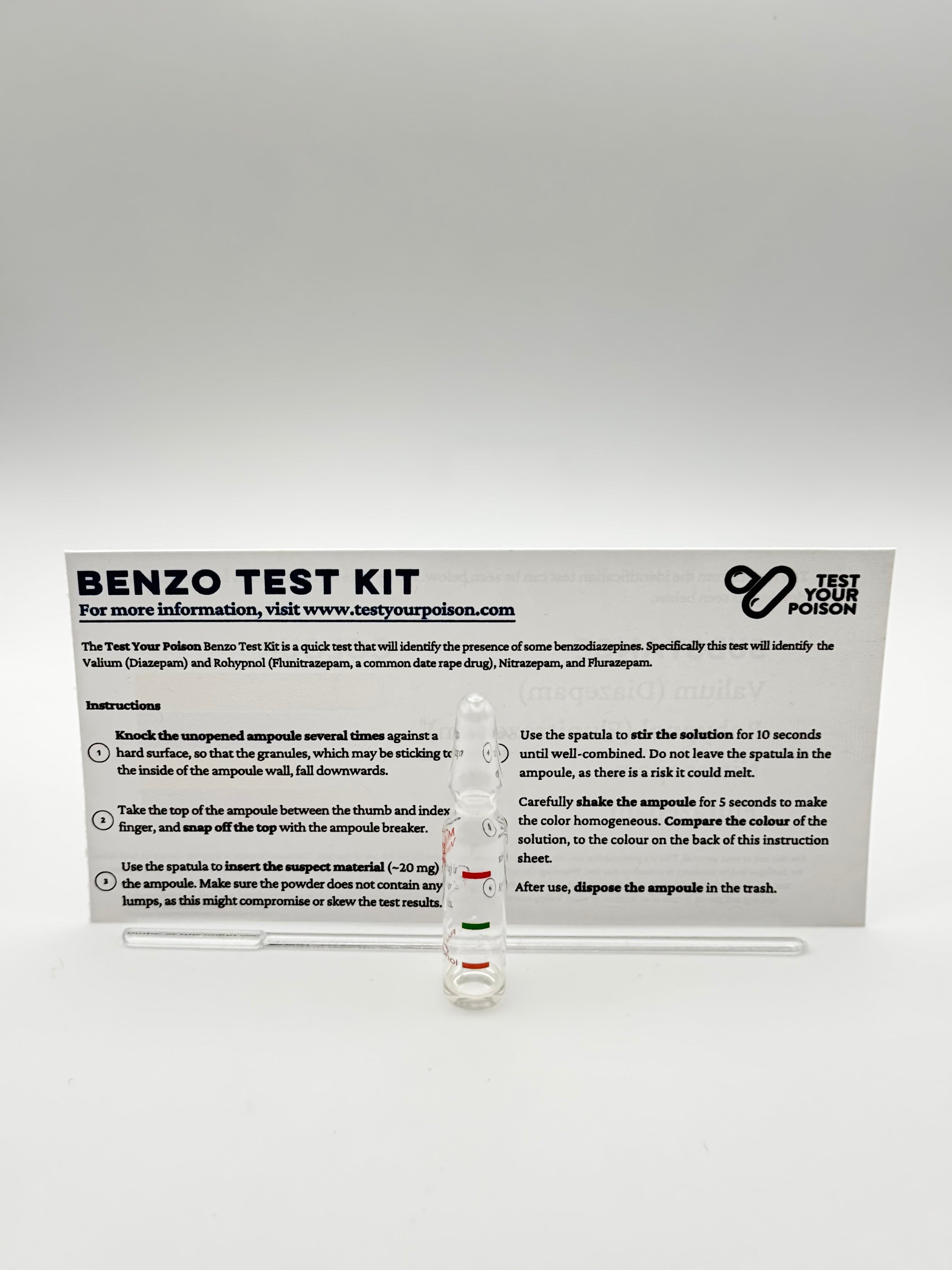 Benzo test kit with instructions on a white background