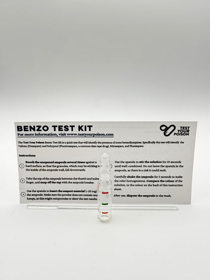 Benzo test kit with instructions on a white background