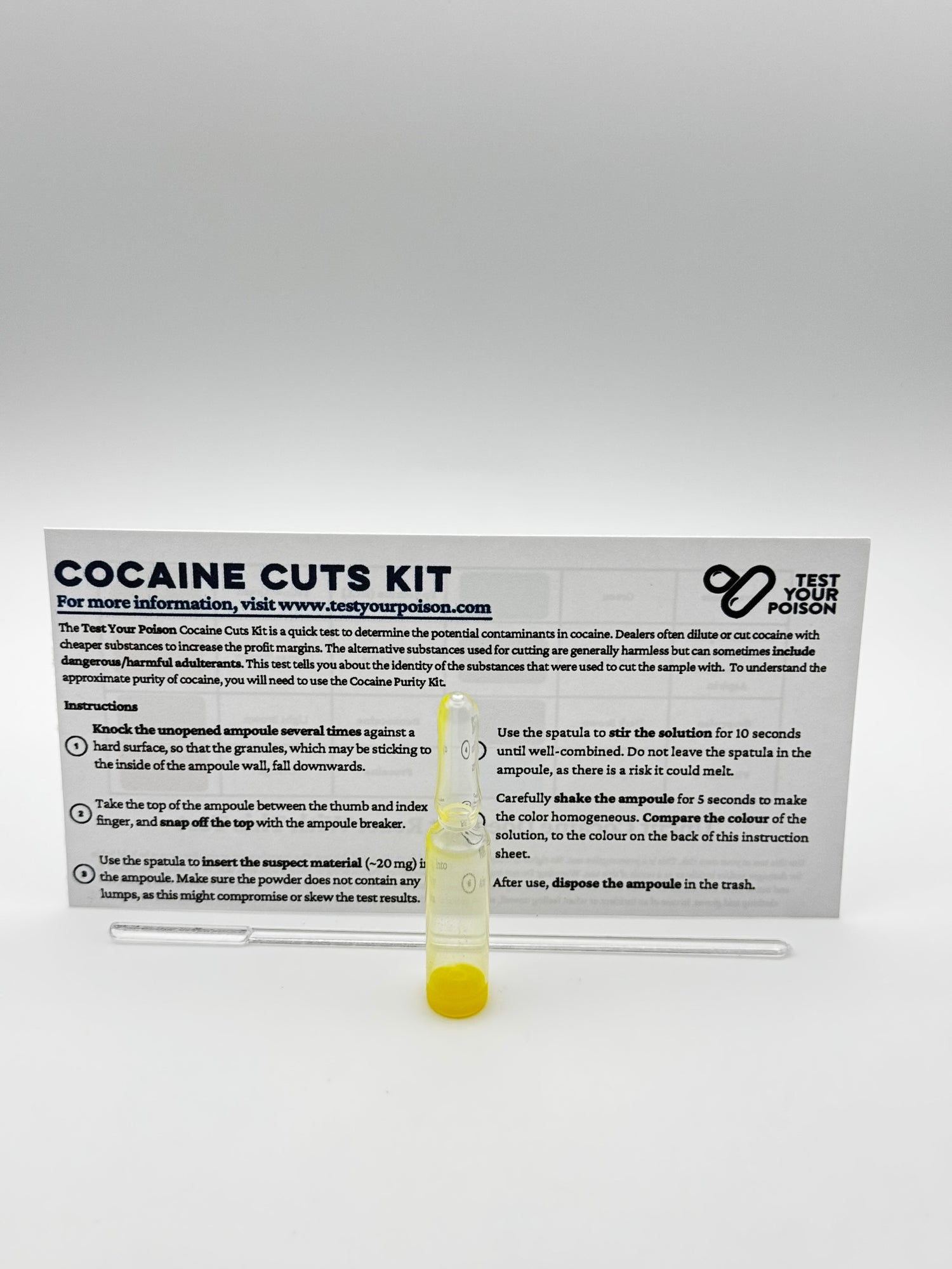 Cocaine cuts kit with instructions on a white background