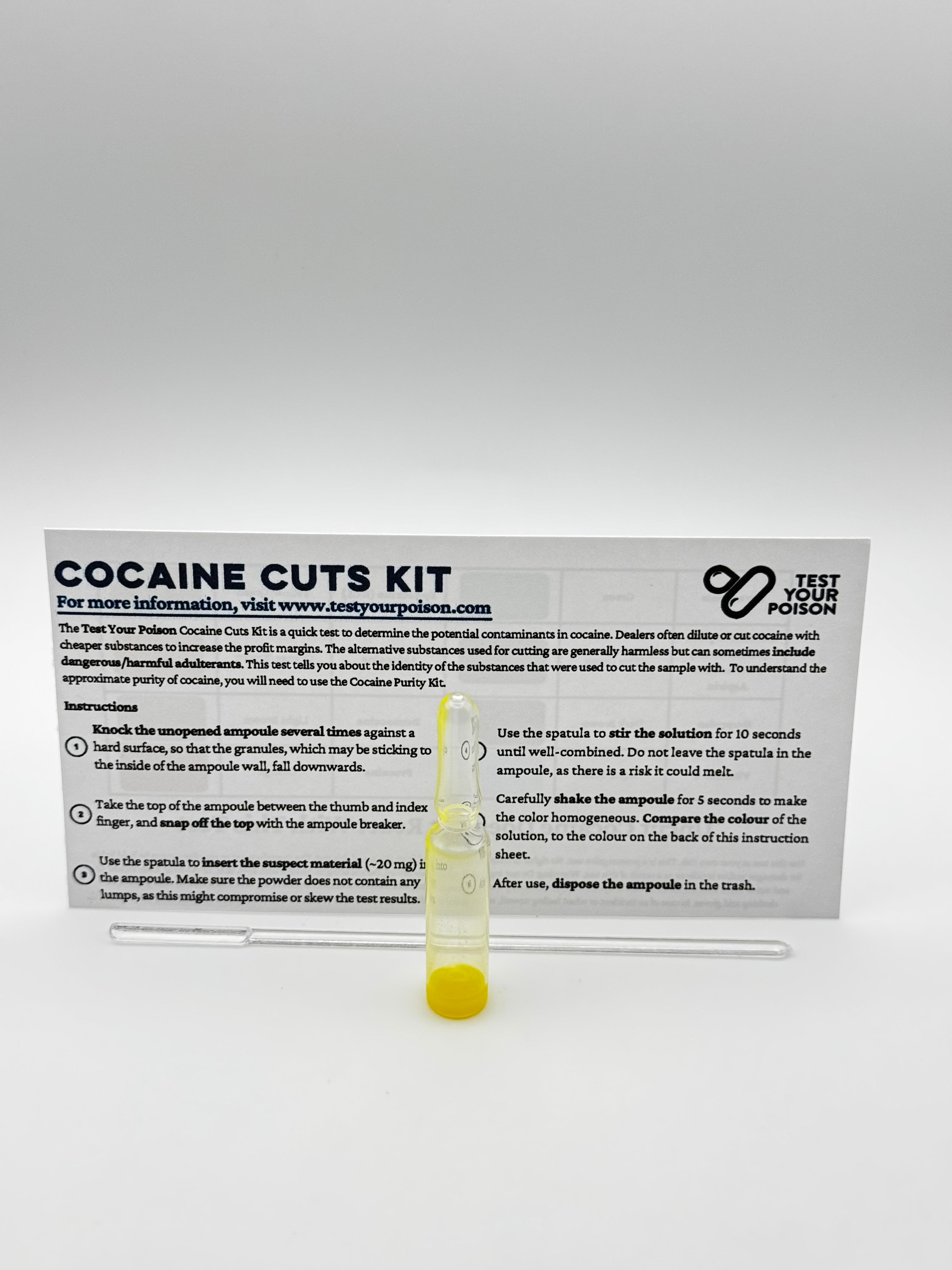 Cocaine cuts kit with instructions on a white background
