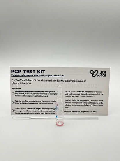 PCP test kit with clear plastic container on a gray background